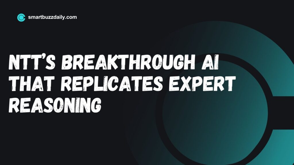 A futuristic AI interface with digital brain visuals and data streams, symbolizing NTT’s advanced AI system that mimics expert human reasoning.